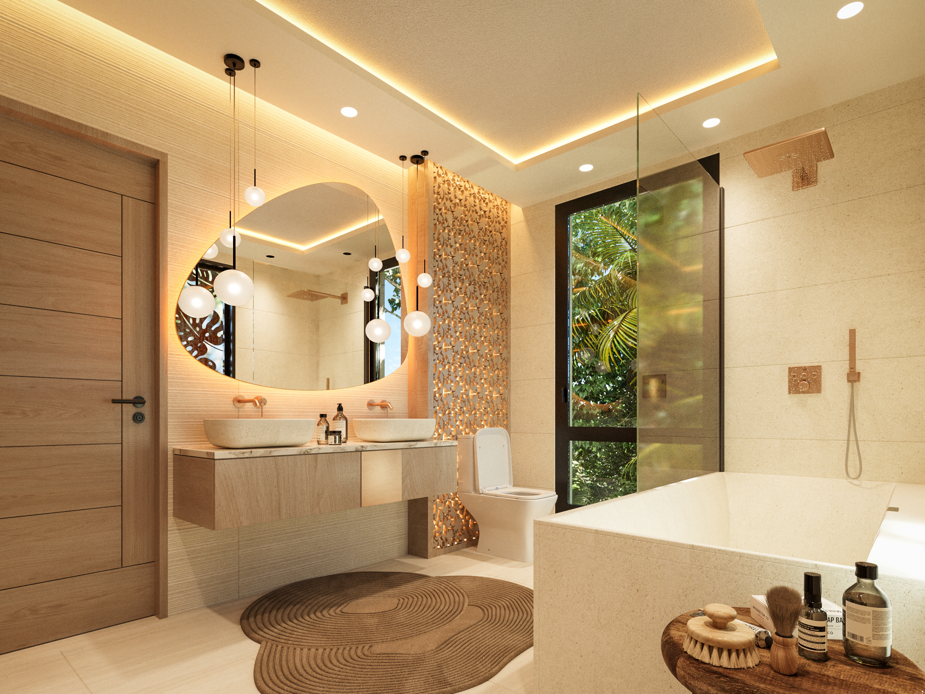 Guest suite bathroom at Casa Árbol — spa-grade finishes, natural stone