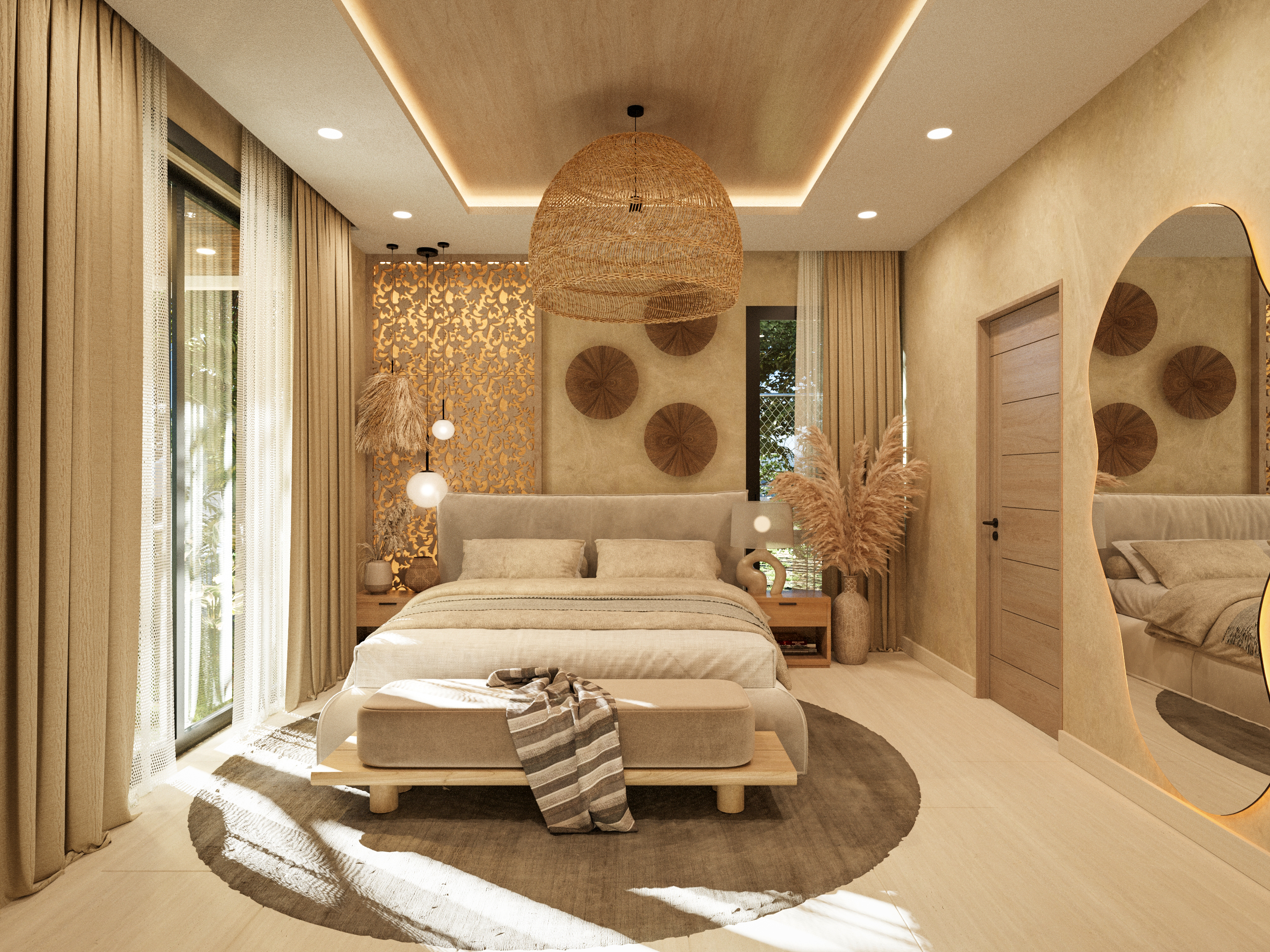 Ground floor guest bedroom at Casa Árbol — brick vault ceiling and natural textures