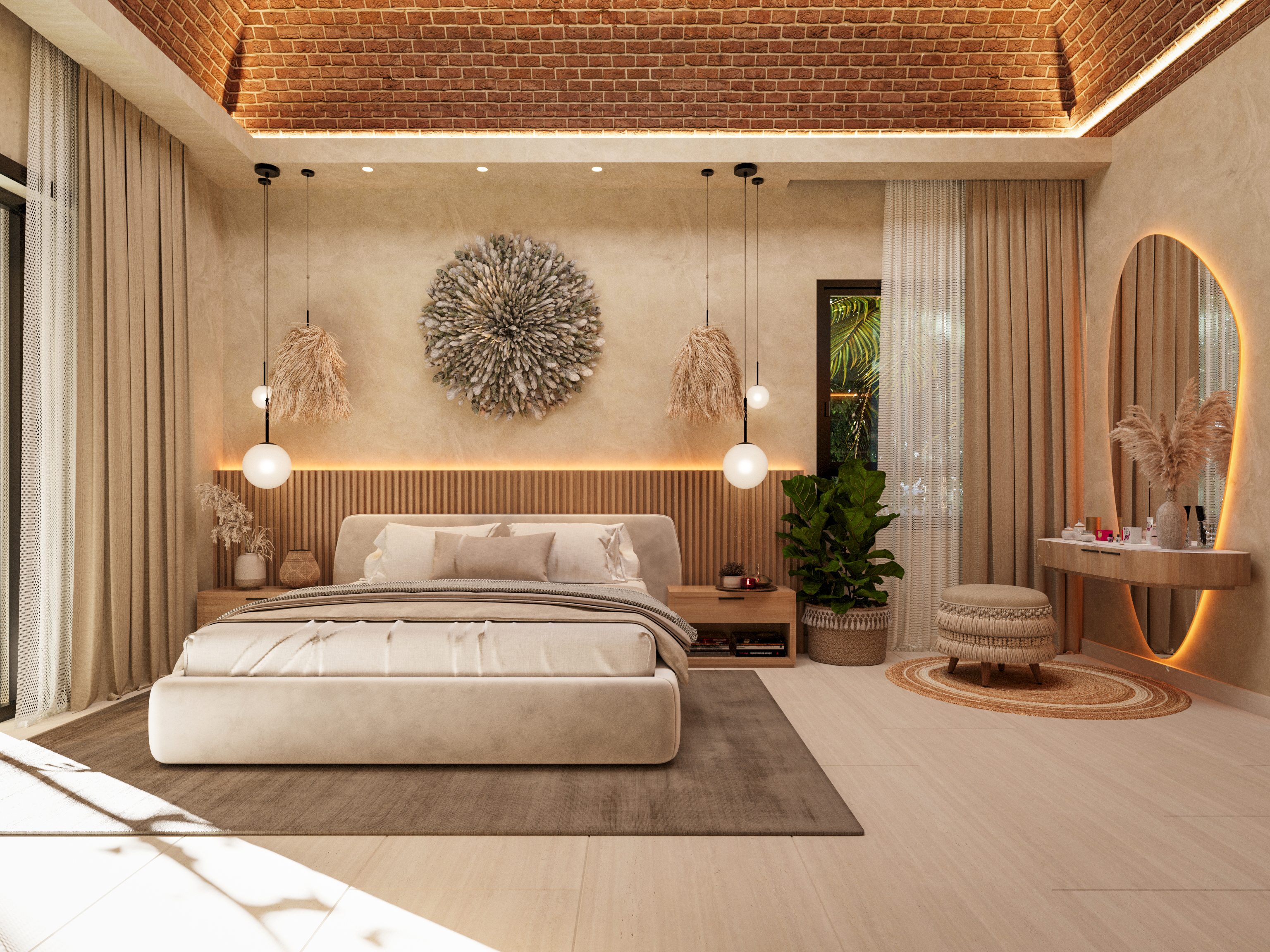Upper-floor suite at Casa Árbol — warm wood and integrated lighting
