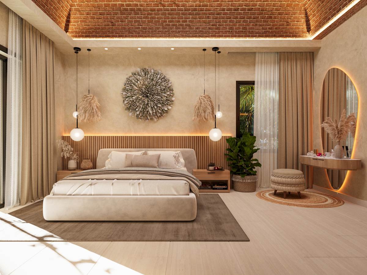 Upper-floor suite at Casa Árbol — warm wood and integrated lighting